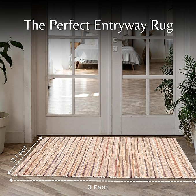Ramanta Home Hand Woven 100% Cotton Chindi Rag Rug 2'x3' - Linen, Recycled Reversible Rug, Boho Rustic Farmhouse Rugs for Living Room, Kitchen, Entryway, Bedroom Floor Mats - 24"x36"