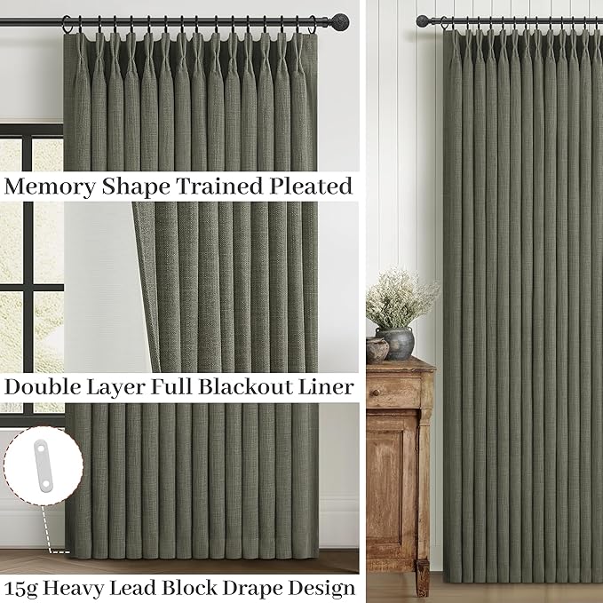 100% Blackout Greenish Gray Curtains 90 Inches Long for Kids Room, Memory Shape Pinch Pleated Natural Linen 40 x 90 Inch Length Aesthetic Curtain Privacy Light Block Window Drapes for Nursery Panels 2