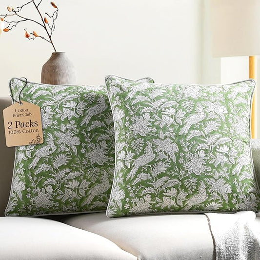 CPC 100% Cotton Throw Pillow Covers 16X16 Green Block Print Pattern Couch Pillow, Cute Boho Decorative Pillows for Living Room, Bedroom with Hidden Zipper- Olive Green