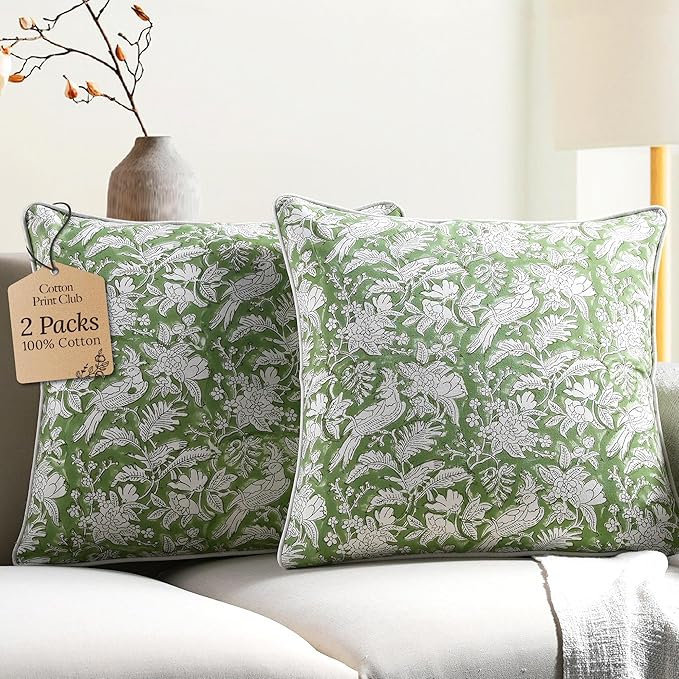 CPC 100% Cotton Throw Pillow Covers 18x18 Inch, Set of 2 Green Block Print Pattern Couch Pillow, Cute Boho Decorative Pillows for Living Room, Bedroom with Hidden Zipper- Olive Green