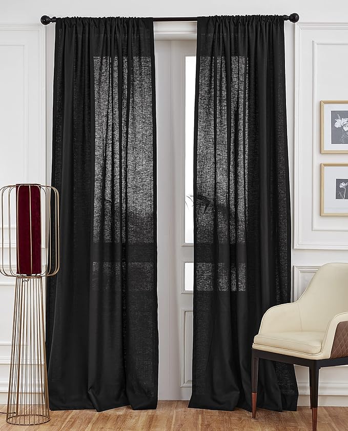 Solino Home Black Linen Curtain 52 x 84 Inch, Light Filtering Rod Pocket Curtain 84 Inch, 100% Pure Linen European Flax Window Treatment Panel for Living Room, Bedroom - 1 Panel
