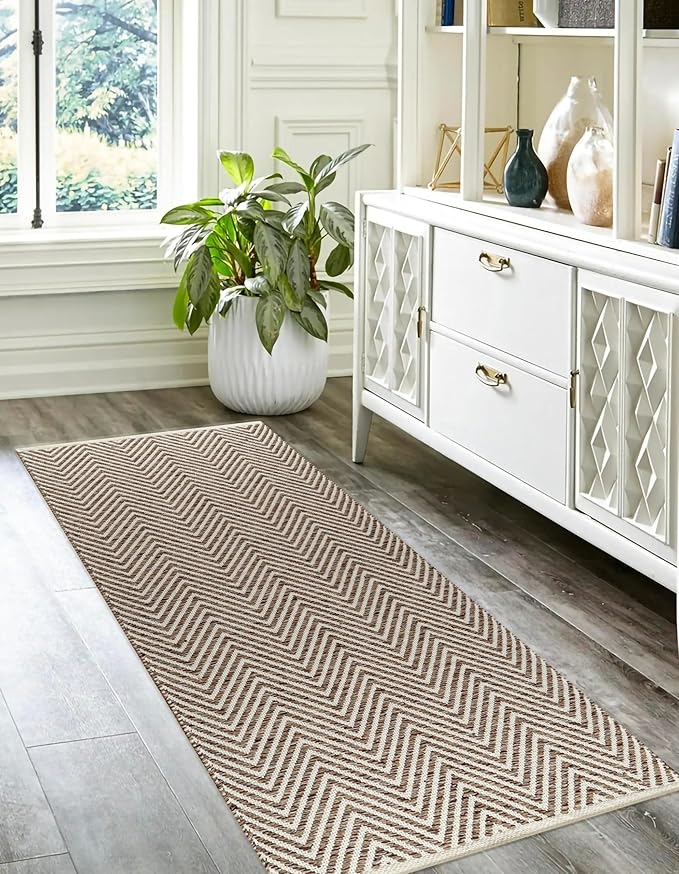 Cotton Chevron Hand Woven Area Runner Rug 2x6 Feet - Beige, Farmhouse Decorative Floor Runners Ideal for Hallways, Kitchen, Bedroom | Linen Nursery Neutral Geomatric Reversible Living Space Patio Mats