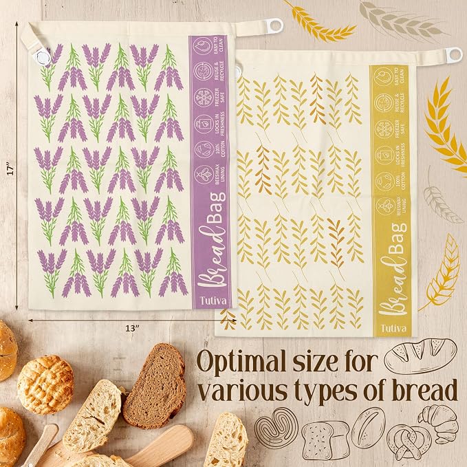 Beeswax Bread Bag for Homemade Bread (Set of 2) – Premium Sourdough Bread Bags & Loaf Storage – Eco-Friendly, Reusable, Washable & Freezer Safe – Ultimate Sourdough Bread Baking Supplies