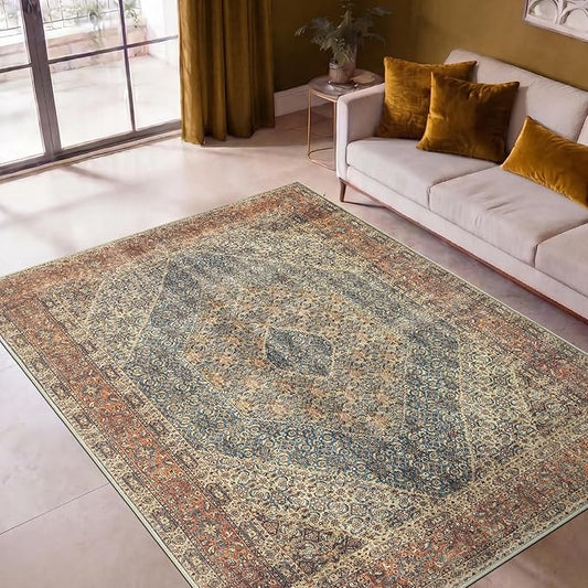 Keen Home Design 5x7 Rug - Machine Washable Area Rug with Non-Slip Backing, Ideal for Living Room, Dining Room, Bedroom - Vintage, Easy Clean, Durable, Low Pile Rug - (5' x 7')
