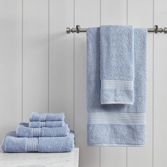 Madison Park Organic 100% Cotton Bathroom Towel Set, Hotel & Spa Quality Highly Absorbent, Quick Dry, Include for Shower, Handwash & Facial Washcloth, Multi-Sizes, Blue