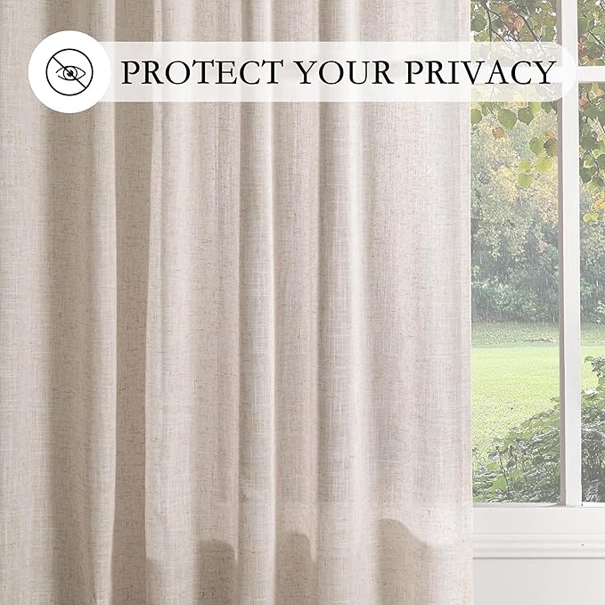 MYSKY HOME Natural Linen Sliding Glass Door Curtains, Back Tab Semi Sheer Curtain Panels Extra Long Floor Length Drapes 95 Inches for Living Room Linen Texture Soft Touch, 100" Wide, 1 Piece