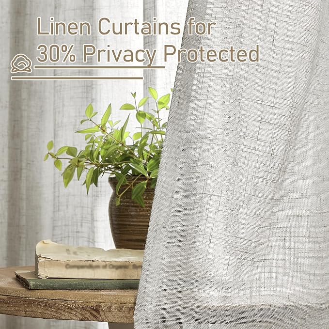 LAMIT Faux Linen Curtains 63 inches Long for Bedroom, Back Tab and Rod Pocket Thick Linen Drapes Light Filtering Semi Sheer Window Curtains for Living Room, 2 Panels (52 x 63 Inch, Light Grey)