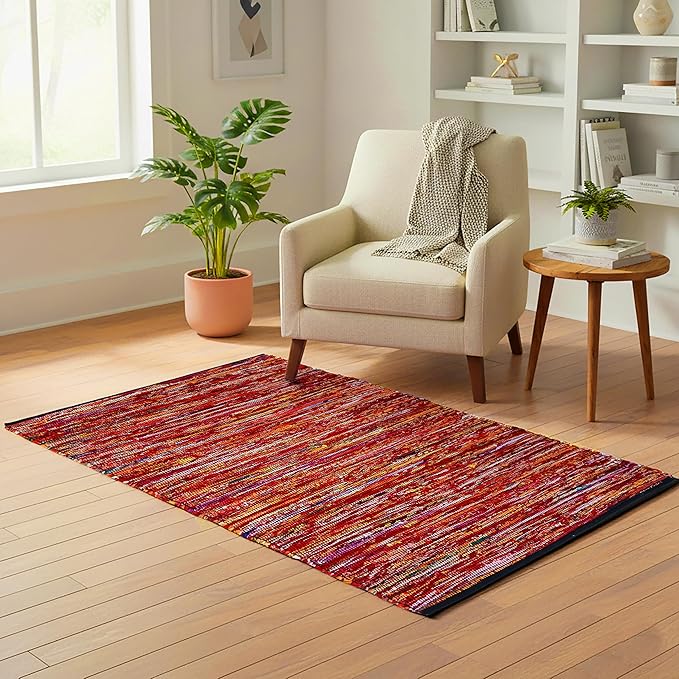 Ramanta Home Cotton Chindi Hand Woven Rug - 3x5 ft Multi Color, Reversible Area Rugs for Living Room, Kitchen, Bedroom, Biodegradable Bohemian Throw Carpet for Hpme & Office Patio - 36x60 Inches