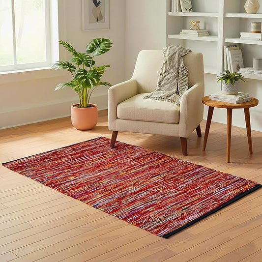 Cotton Hand Woven Area Rug 3x5 Feet - Multi, Reversible Bohemian Large Chindi Rag Rugs Ideal for Bedroom, Living Room, Nursery | Red Farmhouse Home & Office Floor Décor Mat for Dinning Space