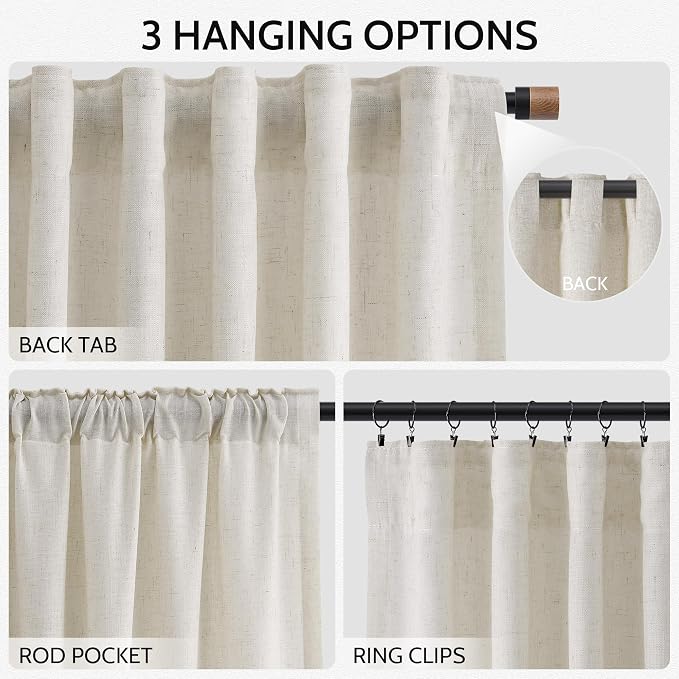 Nanspring Mousse White Linen Curtains for Living Room 108 Inches Long Simple Modern Light Filtering Semi Sheer Curtain Back Tab Coastal Decor Floor to Ceiling High Window for Bedroom 52x108, 2 Panels