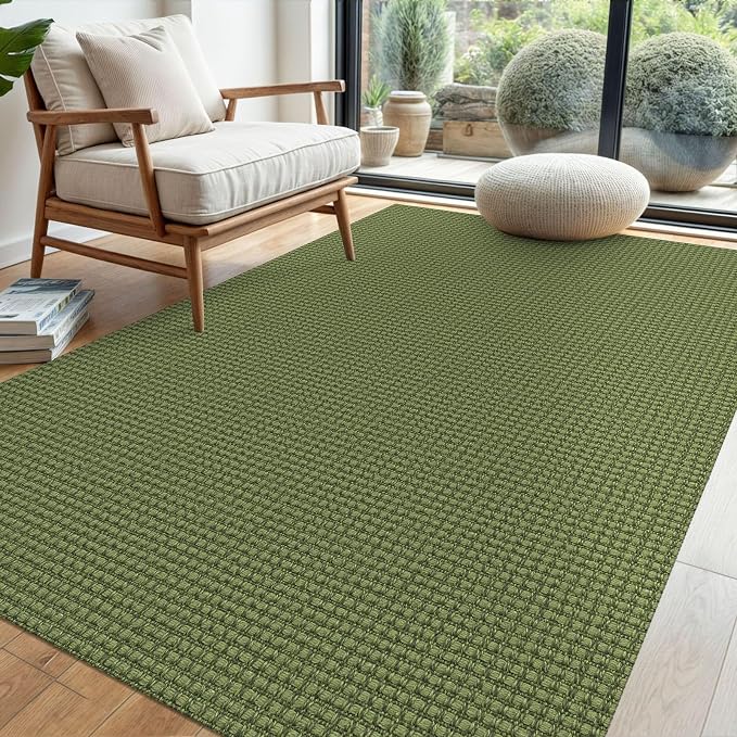 EARTHALL Woven Area Rug 4x6 Ft Washable Rugs for Entryway Non Slip Braided Throw Rugs Bedroom Carpet Cotton Entry Rug Cotton Floor Carpets for Bedroom Dining Room Living Room, Green