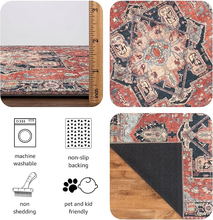 Keen Home Design 8x10 Rug - Machine Washable Area Rug with Non-Slip Backing, Ideal for Living Room, Dining Room, Bedroom - Vintage, Easy Clean, Durable, Low Pile Rug - (8' x 10')