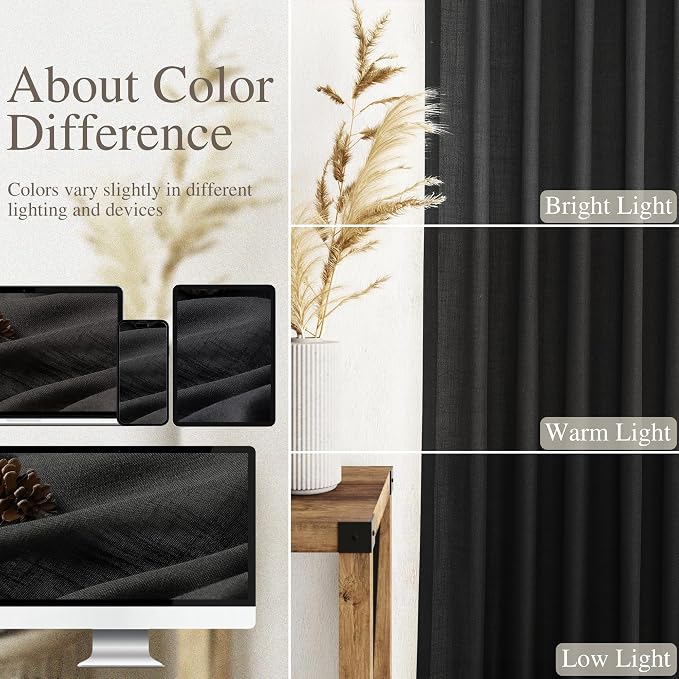 Linen Black Curtains 145 inch Extra Long for Living Room Back Tab Light Filtering Semi Sheer Drapes Modern Farmhouse Coastal Decor Cotton Textured Curtain for Floor to Ceiling High Window 52x145