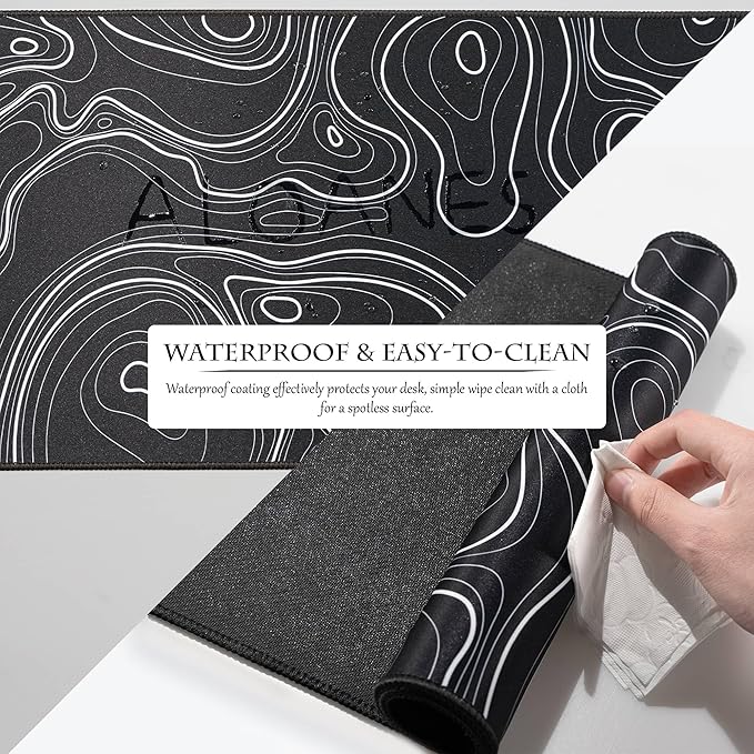 ALOANES Waterproof Mouse Pad with Durable Stitched Edge, XL Gaming Keyboard Pad, Non-Slip Rubber Base, Extended Desk pad for Gamer, Office & Home, Black Topographic Map Mousepad 31.5"x 11.8"x 0.12"