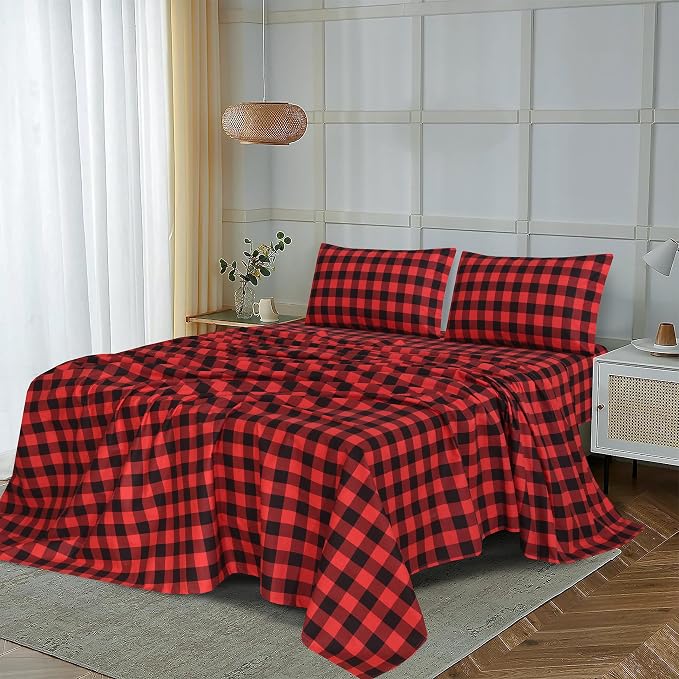 RUVANTI Flannel Sheets Queen Size - 100% Cotton Double Brushed Bed Sheets, Deep Pockets 16 Inches Queen Sheet Set, All Seasons Breathable & Extra Soft - Warm & Cozy, 4 Piece, Red & Black Plaid