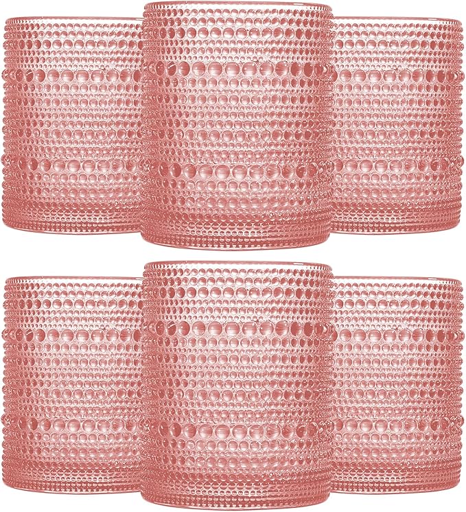 JOVGANK Pink Vintage Hobnail Drinking Glasses Set of 6, Embossed Water Tumbler 12oz, Kitchen & Bar Beaded Glass Cups, Beverage Glass Cups for Water, Beer, Juice, Housewarming Gift