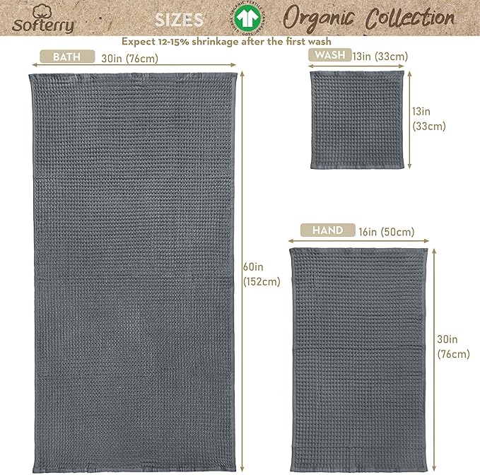 Softerry European Waffle Weave Bath Towel Set of 8-100% Organic Cotton - Quick Dry Lint Free Thin and Absorbent - Fade Resistant - Eco-Friendly (Space Gray)
