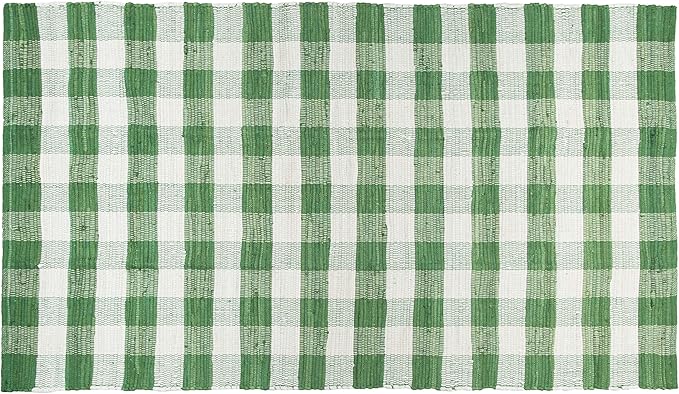 GLAMBURG Cotton Reversible Area Rug 3' x 5' Farmhouse Floor Mat, Handwoven Washable Carpet Checkered Plaid Rug for Front Porch Living Room Kitchen Bedroom - Green White