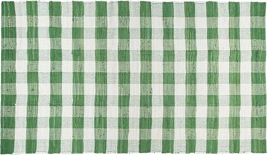 GLAMBURG Cotton Reversible Area Rug 3' x 5' Farmhouse Floor Mat, Handwoven Washable Carpet Checkered Plaid Rug for Front Porch Living Room Kitchen Bedroom - Green White