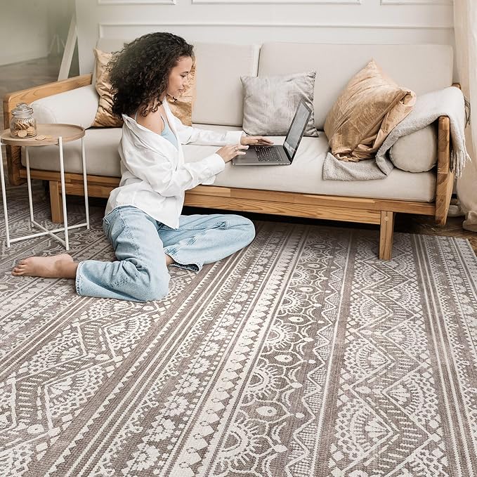 Tortania Area Rug Living Room Rugs - 10x12 Washable Large Soft Neutral Boho Moroccan Bohemian Farmhouse Rug Indoor Floor Carpet for Bedroom Under Dining Table Home Office Decor - Dark Brown