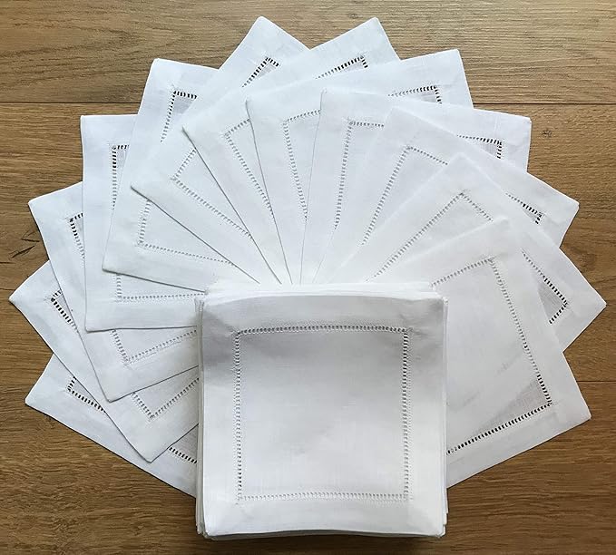 White Linen Cocktail Napkin 6"x6"-A Dozen Cloth Napkin Coasters-Ladder Hemstitch 100% Linen Beverage Party Napkin Coasters