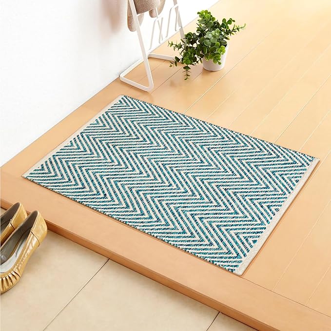 Cotton Chevron Hand Woven Area Rug 2x3 Feet - Teal, Accent Soft Decorative Reversible Floor Throw Carpet Ideal for Entryway, Kitchen, Nursery | Green Small Farmhouse Washable Home Space Décor Mat
