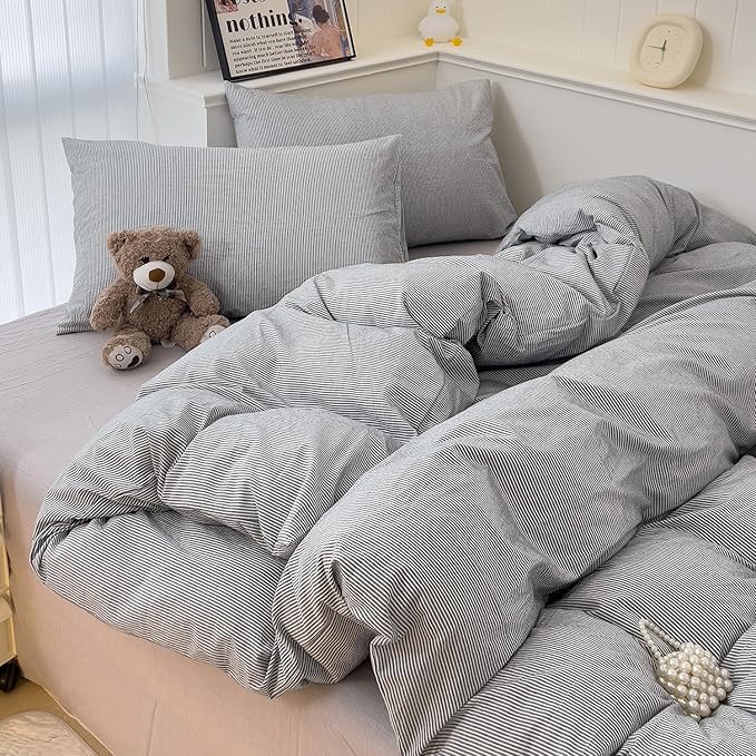 mixinni Grey Striped Duvet Cover Twin Size - 100% Washed Cotton Pinstripe Comforter Cover with Zipper Closure, Lightweight & Breathable, 3 Pieces Minimalist Stripes Pattern Printed Bedding Set