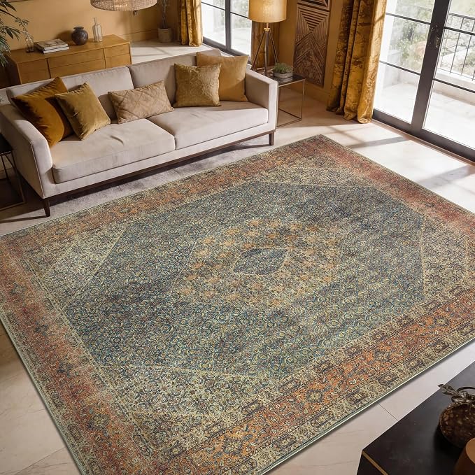 Keen Home Design 9x12 Rug - Machine Washable Area Rug with Non-Slip Backing, Ideal for Living Room, Dining Room, Bedroom - Vintage, Easy Clean, Durable, Low Pile Rug - (9' x 12')