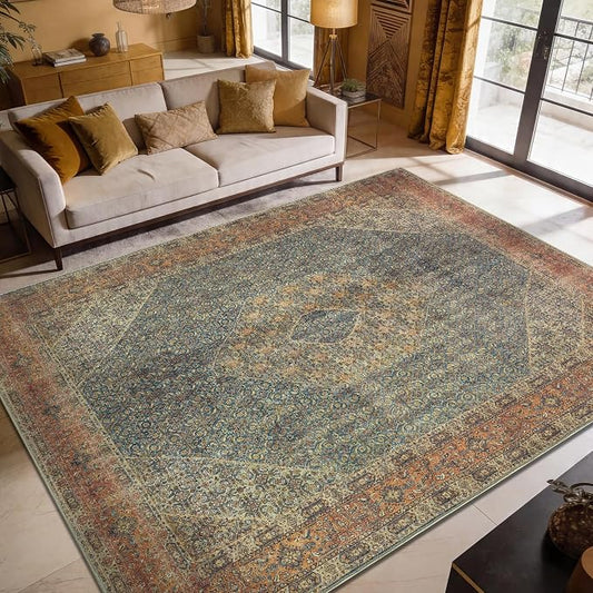 Keen Home Design 9x12 Rug - Machine Washable Area Rug with Non-Slip Backing, Ideal for Living Room, Dining Room, Bedroom - Vintage, Easy Clean, Durable, Low Pile Rug - (9' x 12')