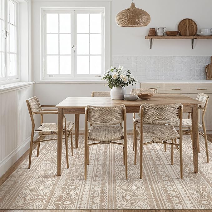 Tortania Area Rug Living Room Rugs - 7x9 Washable Large Soft Neutral Boho Moroccan Bohemian Farmhouse Rug Indoor Floor Carpet for Bedroom Under Dining Table Home Office Decor - Light Brown