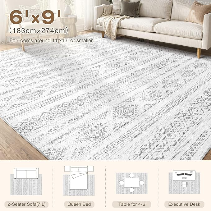 Tortania Area Rug Living Room Rugs - 6x9 Washable Large Soft Neutral Boho Moroccan Bohemian Farmhouse Rug Indoor Floor Carpet for Bedroom Under Dining Table Home Office Decor - Ivory Gray