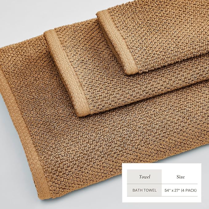 Great Bay Home 100% Cotton 4 Pack 54x27 Bath Towel Set - Absorbent, Quick-Drying, Durable Towels for Bathroom Decor - Low-Twist, Two-Ply Fibers (Mocha)