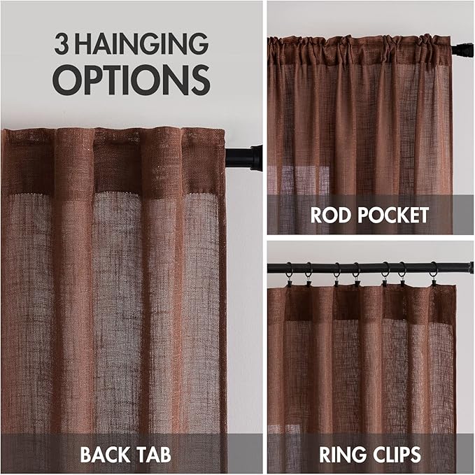 MIULEE Chocolate Brown Linen Curtains 63 Inch Length 2 Panels for Bedroom Living Room, Soft Thick Linen Textured Kitchen Window Drapes Semi Sheer Light Filtering Back Tab Rod Pocket Burlap Look Decor