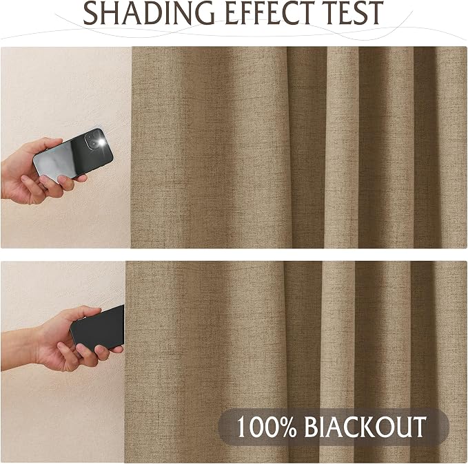 RYB HOME Pinch Pleated Back Tab Curtains Linen Textured 100% Blackout Curtains Thermal Insulated for Bedroom Living Room Bay Window Drapes, W 42 x L 84 inches, Burlap, 2 Panels