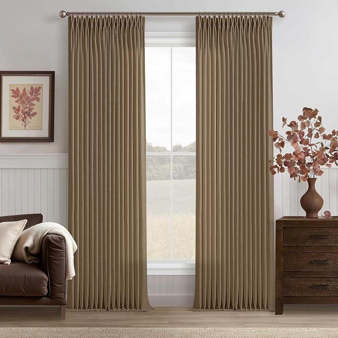 Brown Pinch Pleated Linen Curtains 90 Inches Long 2 Panels Set Light Filtering Memory Trained Rustic Boho Window Drape with Hooks Rings Dutch Cocoa Semi Sheer Patio Door Pleat Curtain W50xL90
