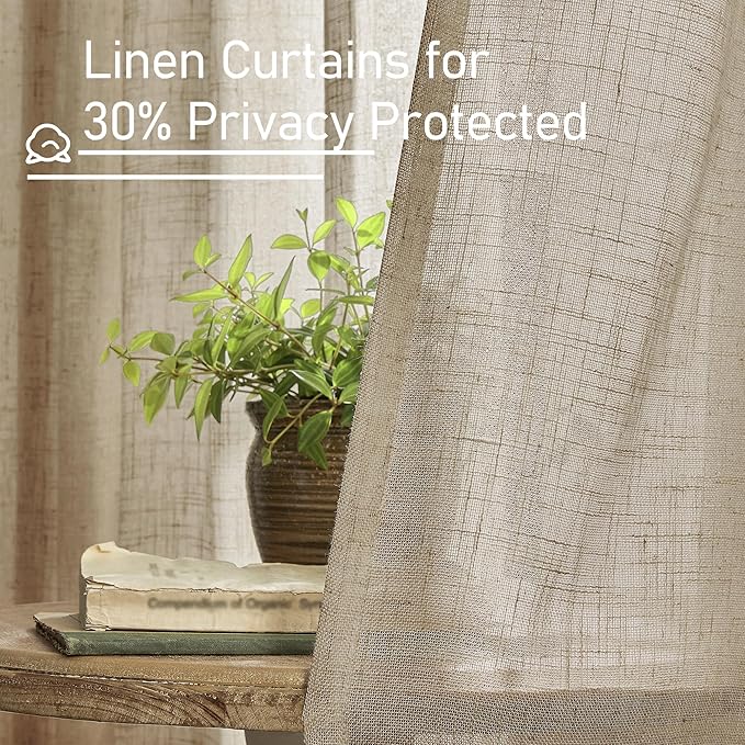 LAMIT 36 Inch Length Linen Curtains for Small Windows, Semi Sheer Light Filtering Panels Back Tab and Rod Pocket Country Decor Drapes for Basement/Kitchen, Taupe, 2 Panels, 34 x 36 Inch