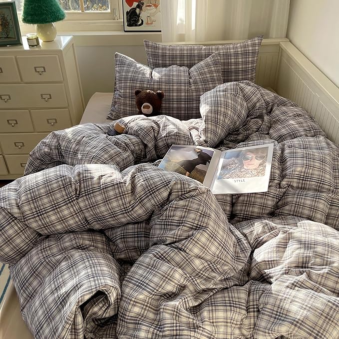mixinni Queen Duvet Cover Set - 3 Piece Vintage Buffalo Plaid Bedding, 100% Washed Cotton Duvet Cover with 2 Pillowcases, Soft & Breathable Navy Beige White Geometric Grid Pattern for All Seasons