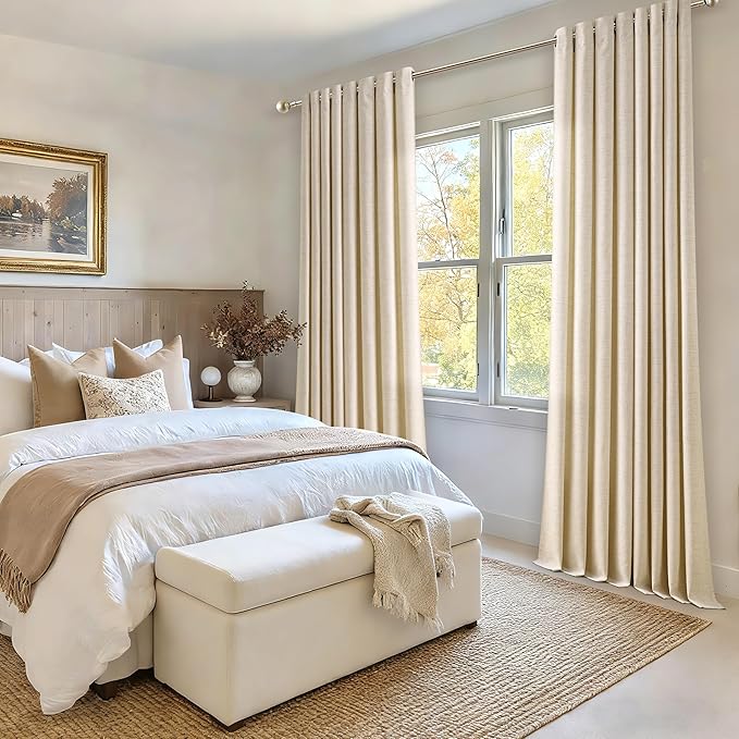 84 Inch Length 2 Panels Set Warm Beige Linen Curtains Sand Light Filtering Semi Sheer Grommet Drapes Thick Linen Privacy Non-See-Through Curtain for Living Room 52x84