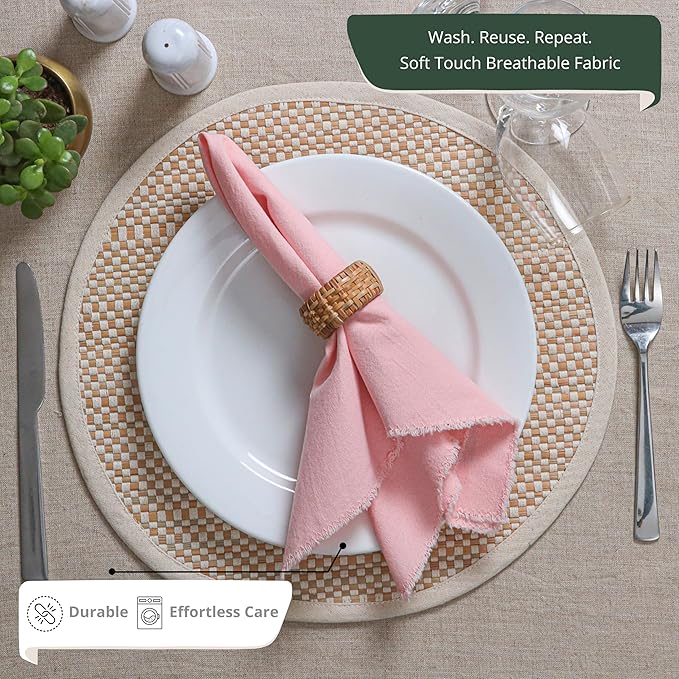 Ramanta Home Cloth Napkins Set of 12 Pink 18x18 Inch - Spring Soft & Durable Frayed Dinner Napkin for Easter Wedding, Birthday Parties | Heavy Weight Fabric Table Linen for Everyday Use Family Dinners