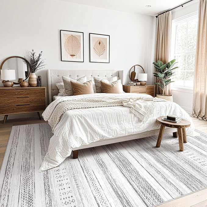 Tortania Area Rug Living Room Rugs - 8x10 Washable Large Soft Neutral Boho Moroccan Bohemian Farmhouse Rug Indoor Floor Carpet for Bedroom Under Dining Table Home Office Decor - Light Grey