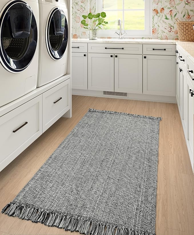 Collive Washable Area Rug 3' x 5', Modern Woven Kitchen Rugs, Grey/Cream Braided Cotton Rug Indoor Door Mat Throw Carpet for Entryway Living Room Nursery Mudroom Laundry Room