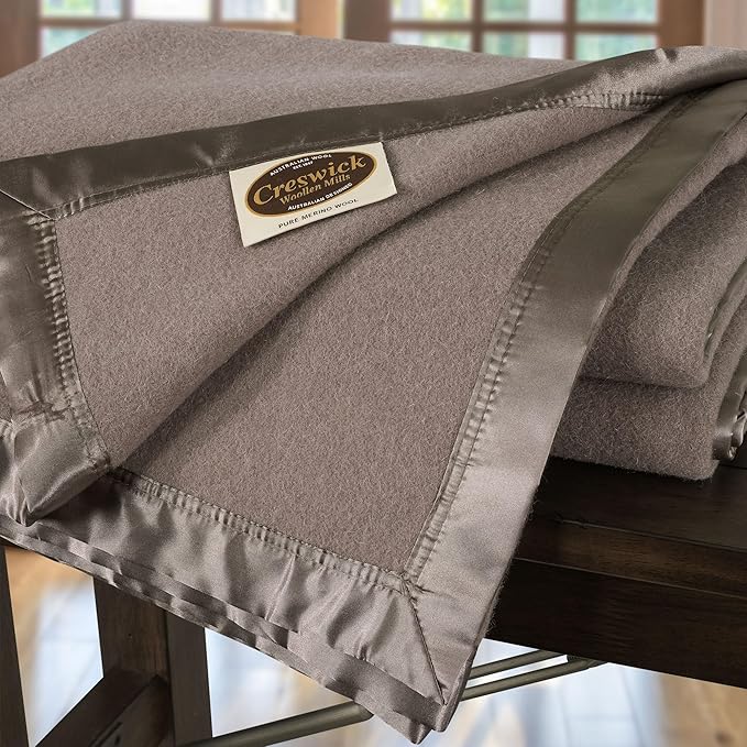 Creswick Woollen Mills 100% Australian Merino Wool Blanket – Soft Warm and Natural with Satin Binding, Breathable Luxury Bedding for All Seasons, (Flax, Twin Size)