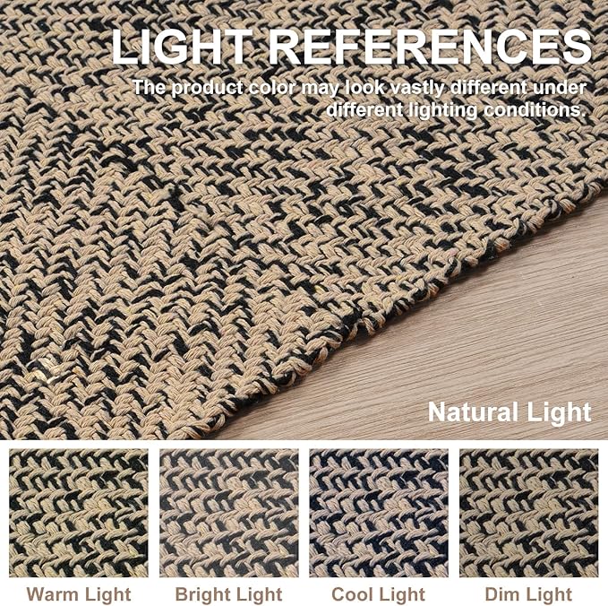 Collive Long Hallway Runners Rug 2.6x7, Farmhouse Washable Kitchen Runner Rug for Bedroom, Natural/Black Braided Woven Entryway Rug Low-Profile Front Door Floor Carpet for Laundry Bathroom Living Room
