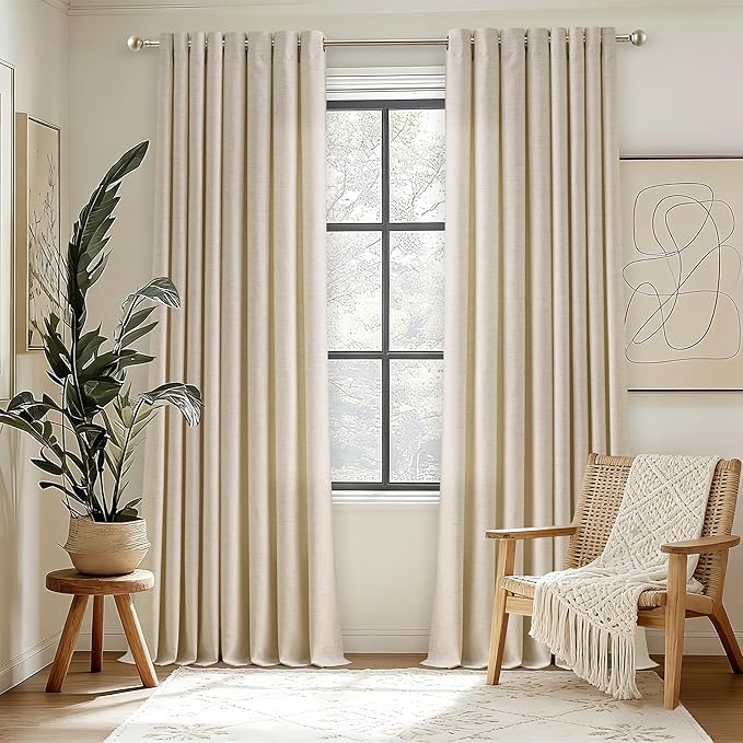 Warm Beige Oatmeal Linen Curtains 96 Inch Length 2 Panels Set Sand Ecru Light Filtering Semi Sheer Grommet Drapes Thick Linen Privacy Floor to Ceiling Length Curtain Living Room 8ft