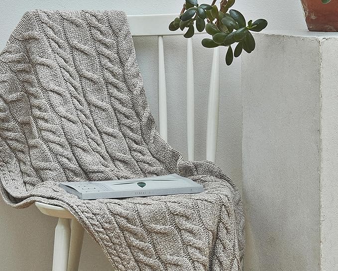 Aran Woollen Mills Cable Throw Blanket, 100% Supersoft Merino Wool, Made in Ireland, Silver Strand, Oat, 40" x 60"