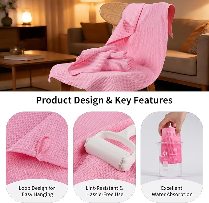 MICROFI Waffle Weave Bath Towel Set, Microfiber, 4 Pieces (Body/Hair/Hand/Face), Quick Dry, Lightweight, Super Absorbent, Lint Free, 380 GSM (Pink)