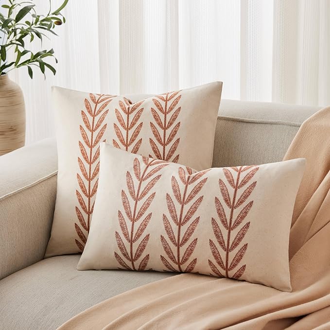 100% Cotton Farmhouse Leaves Lumbar Throw Pillow Covers Set of 2, 12x20 Inch Terracota Pastoral Decorative Print Cushion Covers for Sofa Bed Living Room Home Decor