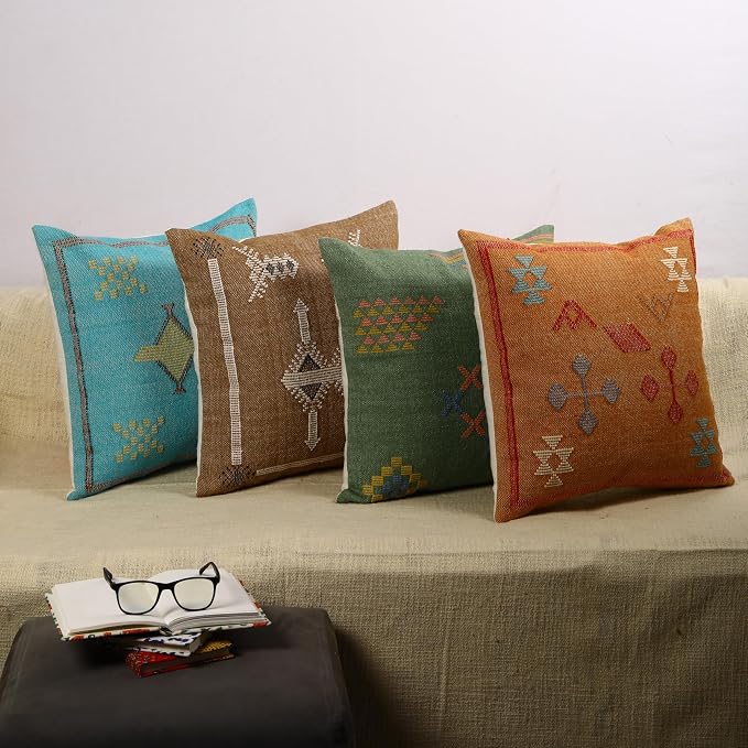 Trade Star Set of 4 Handloomed Pillow Covers 100% Authentic Pure Cotton Cushion Case Set Handwoven Pillowcase Throw Pillow Cover Premium Cushion Cover (Sabra 5)