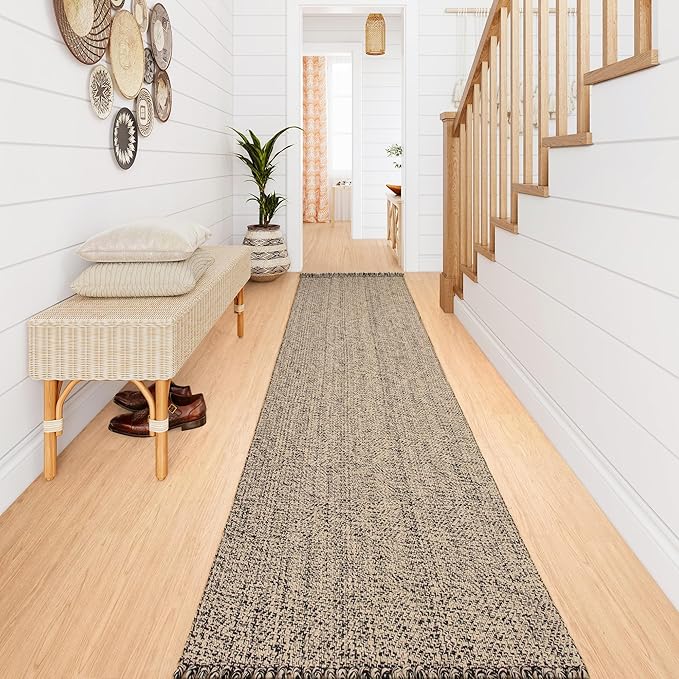 Collive Long Runner Rugs for Hallway 2.6x10, Washable Bathroom Rug Runners Indoor Entryway Rug, Natural/Black Braided Woven Kitchen Runner Carpet for Bedroom Laundry Doorway Indoor Dacor