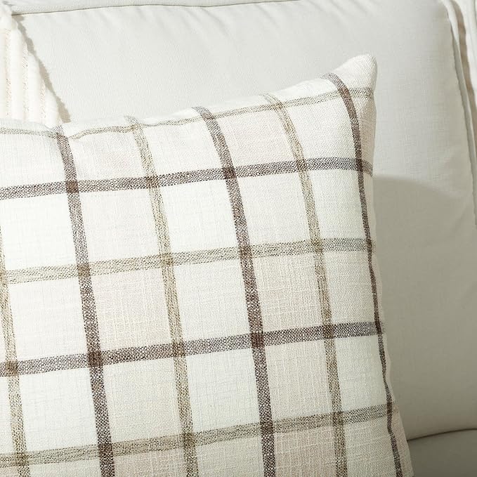Stellhome Fall Linen Buffalo Check Throw Pillow Covers, Autumn Farmhouse Plaid Decorative Cushion Covers for Couch Sofa Living Room, Pack of 2, 18x18 Inch, Beige